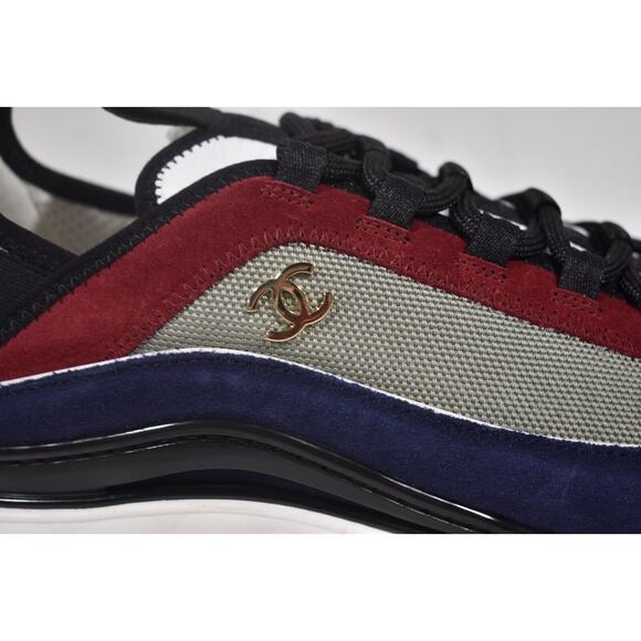 Chanel 22B Mens Gray Blue Red CC Logo Low Top Lace Up Trainer Sneaker 44 11 - Picture 2 of 10